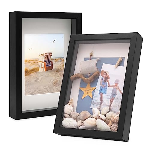 PHOTOLINI 3D Bilderrahmen zum Befüllen 21x30 A4 Schwarz, 3 cm tiefer Objektrahmen mit Glas, 2X tiefer Bilderrahmen A4 21x30 Holz MDF mit Passepartout, Dicker 3D Rahmen befüllbar für Gegenstände von PHOTOLINI