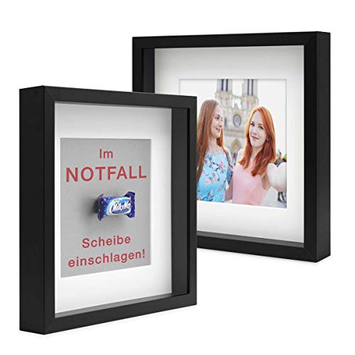 PHOTOLINI 3D Bilderrahmen zum Befüllen 30x30 Schwarz groß, 3 cm tiefer Objektrahmen mit Glas, 2X tiefer Bilderrahmen 30x30 Holz MDF mit Passepartout, Dicker 3D Rahmen befüllbar für Gegenstände von PHOTOLINI