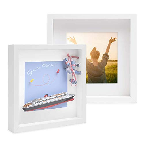 PHOTOLINI 3D Bilderrahmen zum Befüllen 30x30 Weiß groß, 3 cm tiefer Objektrahmen mit Glas, 2X tiefer Bilderrahmen 30x30 Holz MDF mit Passepartout, Dicker 3D Rahmen befüllbar für Gegenstände von PHOTOLINI