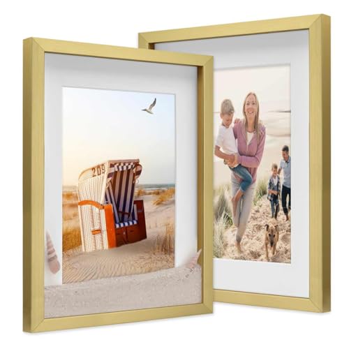 PHOTOLINI 3D Bilderrahmen zum Befüllen 30x40 Gold groß, 1,5 cm tiefer Objektrahmen mit Glas, 2X tiefer Bilderrahmen 30x40 Holz MDF mit Passepartout, Dicker 3D Rahmen befüllbar für Gegenstände von PHOTOLINI