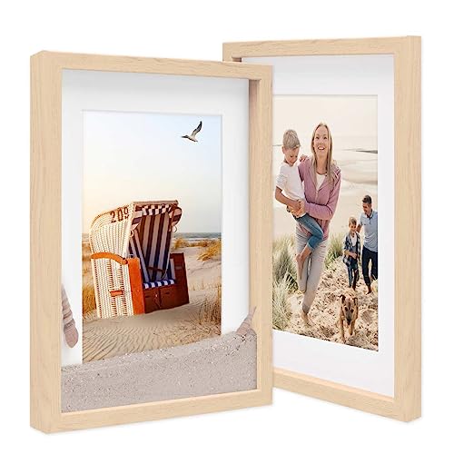 PHOTOLINI 3D Bilderrahmen zum Befüllen 30x40 Natur groß, 1,5 cm tiefer Objektrahmen mit Glas, 2X tiefer Bilderrahmen 30x40 Holz MDF mit Passepartout, Dicker 3D Rahmen befüllbar für Gegenstände von PHOTOLINI