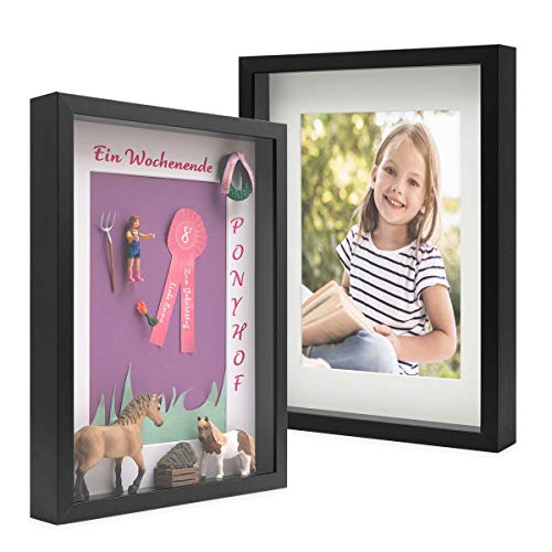 PHOTOLINI 3D Bilderrahmen zum Befüllen 30x40 Schwarz groß, 3 cm tiefer Objektrahmen mit Glas, 2X tiefer Bilderrahmen 30x40 Holz MDF mit Passepartout, Dicker 3D Rahmen befüllbar für Gegenstände von PHOTOLINI