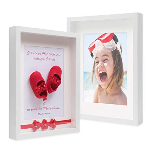 PHOTOLINI 3D Bilderrahmen zum Befüllen 30x40 Weiß groß, 3 cm tiefer Objektrahmen mit Glas, 2x tiefer Bilderrahmen 30x40 Holz MDF mit Passepartout, dicker 3D Rahmen befüllbar für Gegenstände von PHOTOLINI