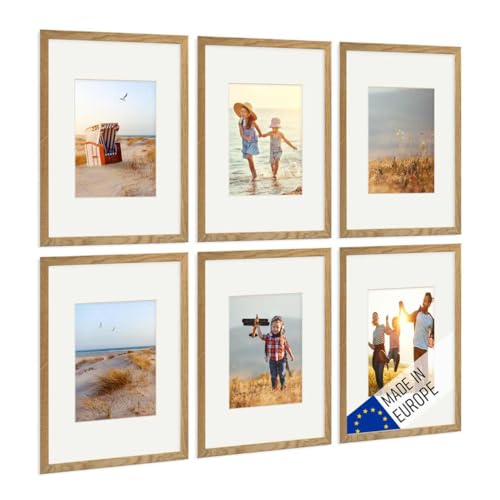 PHOTOLINI Bilderrahmen Holz A4 21x30 Eiche mit Passepartout, Holzbilderrahmen DIN A4 Made in EU, 6er Set, bruchsicheres Acrylglas, zum Aufhängen, extra Zubehör - für Ihre liebsten Fotos & Bilder von PHOTOLINI