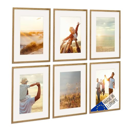 PHOTOLINI Bilderrahmen Holz 30x40 Eiche mit Passepartout, Holzbilderrahmen Made in EU, 6er Set, bruchsicheres Acrylglas, zum Aufhängen, extra Zubehör - für Ihre liebsten Fotos & Bilder von PHOTOLINI
