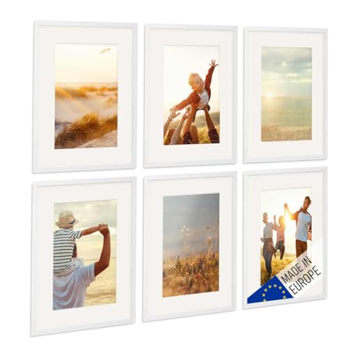 PHOTOLINI Bilderrahmen Holz 30x40 Weiß mit Passepartout, Holzbilderrahmen Made in EU, 6er Set, bruchsicheres Acrylglas, zum Aufhängen, extra Zubehör - für Ihre liebsten Fotos & Bilder von PHOTOLINI