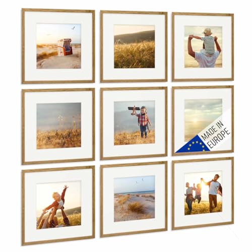 PHOTOLINI Bilderrahmen Holz 30x30 Eiche mit Passepartout, Holzbilderrahmen Made in EU, 9er Set, bruchsicheres Acrylglas, zum Aufhängen, quadratisch, extra Zubehör - für Ihre liebsten Fotos & Bilder von PHOTOLINI