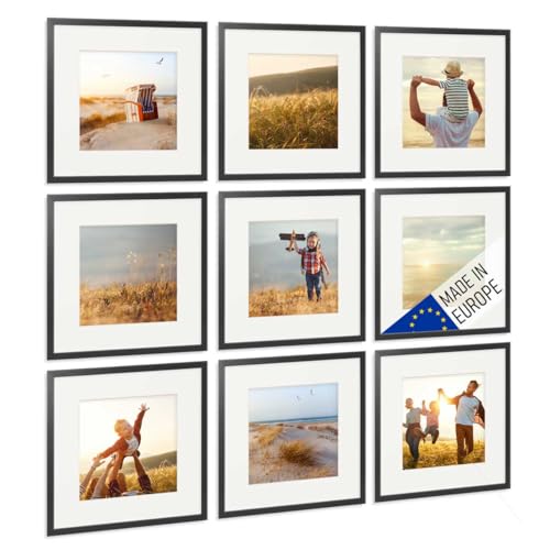 PHOTOLINI Bilderrahmen 30x30 cm Holz Schwarz mit Passepartout, Holzrahmen Made in EU, 9er Set, bruchsicheres Acrylglas, zum Aufhängen, quadratisch, extra Zubehör - für Ihre liebsten Fotos & Bilder von PHOTOLINI