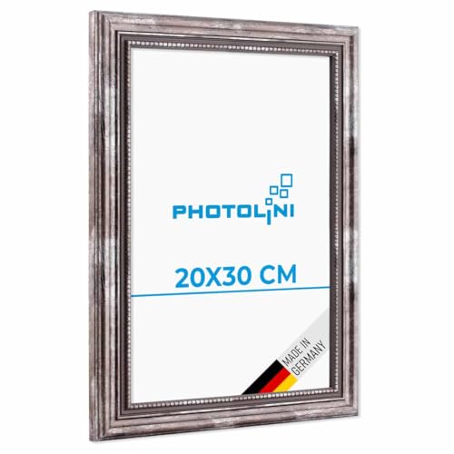 PHOTOLINI Barock-Bilderrahmen 20x30 cm in Silber antik, Holz-Rahmen Vintage, Made in Germany, Echtglas, zum Aufhängen, mit Zubehör - verleiht Deinen Fotos das besondere Etwas von PHOTOLINI