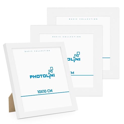 PHOTOLINI Bilderrahmen 10x10 Weiß MDF-Holz, 3er Set Poster-Rahmen, bruchsicheres Acrylglas, zum Aufhängen & Aufstellen, extra Zubehör - für Fotos & Poster von PHOTOLINI
