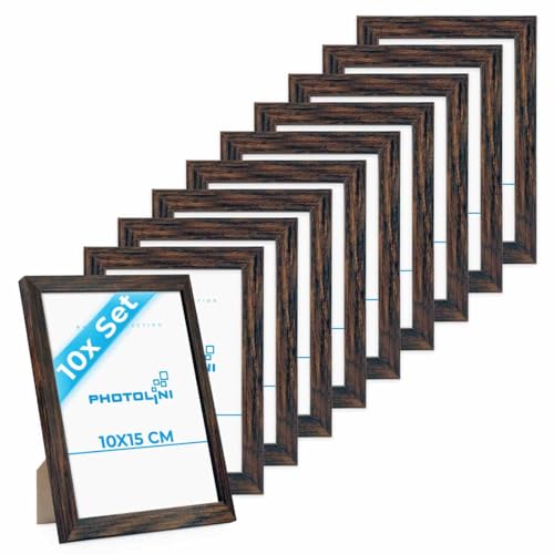 PHOTOLINI Bilderrahmen 10x15 Eiche Dunkel aus MDF-Holz, 10er Set Poster-Rahmen, bruchsicheres Acrylglas, zum Aufhängen & Aufstellen, extra Zubehör - für Fotos & Poster von PHOTOLINI