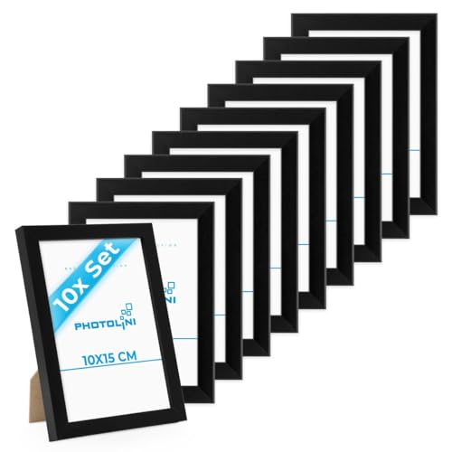 PHOTOLINI Bilderrahmen 10x15 Schwarz MDF-Holz, 10er Set Poster-Rahmen, bruchsicheres Acrylglas, zum Aufhängen & Aufstellen, extra Zubehör - für Fotos & Poster von PHOTOLINI