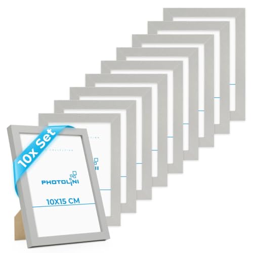 PHOTOLINI Bilderrahmen 10x15 Silber MDF-Holz, 10er Set Poster-Rahmen, bruchsicheres Acrylglas, zum Aufhängen & Aufstellen, extra Zubehör - für Fotos & Poster von PHOTOLINI