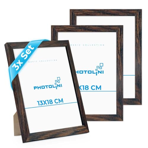 PHOTOLINI 3er Bilderrahmen 13x18 Eiche Dunkel, Bilderrahmen 13x18 Holz MDF, Fotorahmen 13 x 18 mit Acrylglas, Bilder Rahmen 13 x18 Aufhängen & Aufstellen, Picture Frame mit Zubehör für Fotos, Poster von PHOTOLINI