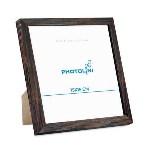 PHOTOLINI Bilderrahmen 15x15 cm MDF-Holz Eiche Dunkel Posterrahmen, bruchsicheres Acrylglas, zum Aufhängen & Aufstellen, extra Zubehör - für Fotos, Bilder & Poster von PHOTOLINI