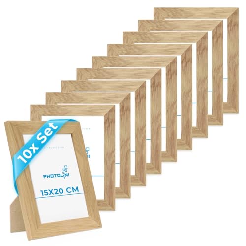 PHOTOLINI Bilderrahmen 15x20 Holz Eiche, 10er Set breite Bilderrahmen 20x15 Holz, Picture Frame mit Acrylglas, Bilder Rahmen 15 x 20 cm Eiche zum Aufhängen & Aufstellen, Rahmen 15x20 mit Zubehör von PHOTOLINI