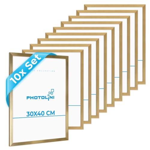 PHOTOLINI Bilderrahmen 30x40 Holz MDF Gold, 10er Set Bilderrahmen 40x30 cm, Picture Frame mit bruchsicherem Acrylglas, Rahmen 30 x 40 zum Aufhängen, extra Zubehör - Rahmen 30x40 für Fotos & Poster PHOTOLINI Bilderrahmen 30x40 Holz MDF Gold, 10er Set Bilderrahmen 40x30 cm, Picture Frame mit bruchsicherem Acrylglas, Rahmen 30 x 40 zum Aufhängen, extra Zubehör - Rahmen 30x40 für Fotos & Poster von PHOTOLINI
