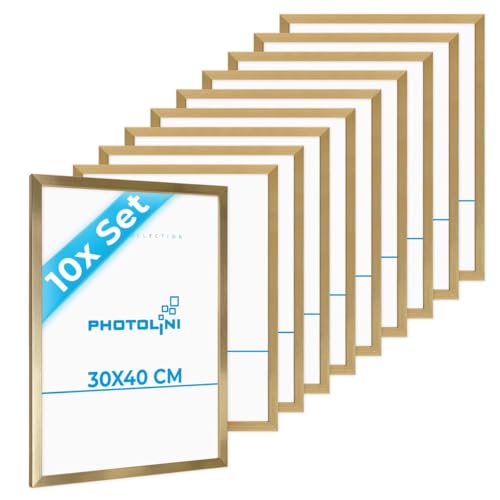 PHOTOLINI Bilderrahmen 30x40 Holz MDF Gold, 10er Set Bilderrahmen 40x30 cm, Picture Frame mit bruchsicherem Acrylglas, Rahmen 30 x 40 zum Aufhängen, extra Zubehör - Rahmen 30x40 für Fotos & Poster von PHOTOLINI