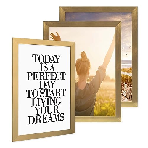 PHOTOLINI Bilderrahmen 30x40 Holz MDF Gold 3er Set, breite Rahmen 30x40 Gold mit Acrylglas, picture frame 30 x 40 zum Aufhängen, Bilderrahmen 40x30 cm plus Zubehör - zur Fotorahmen Wanddekoration von PHOTOLINI