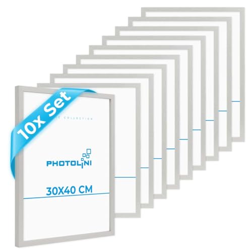 PHOTOLINI Bilderrahmen 30x40 Holz MDF Silber, 10er Set Bilderrahmen 40x30 cm, Picture Frame mit bruchsicherem Acrylglas, Rahmen 30 x 40 zum Aufhängen, extra Zubehör - Rahmen 30x40 für Fotos & Poster PHOTOLINI Bilderrahmen 30x40 Holz MDF Silber, 10er Set Bilderrahmen 40x30 cm, Picture Frame mit bruchsicherem Acrylglas, Rahmen 30 x 40 zum Aufhängen, extra Zubehör - Rahmen 30x40 für Fotos & Poster von PHOTOLINI