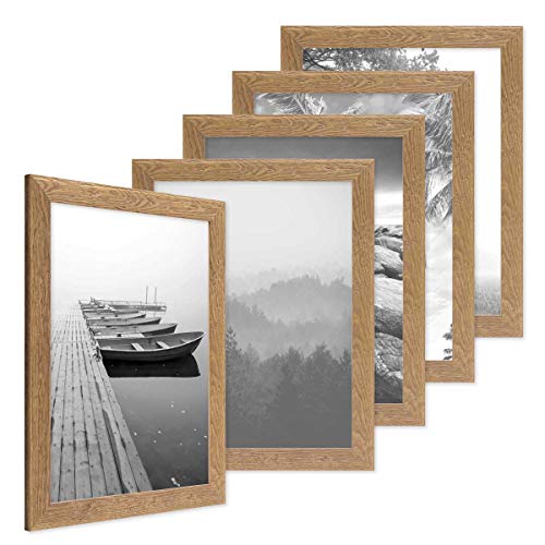 PHOTOLINI Bilderrahmen 30x45 cm Holz Eiche-Optik, 5er Set Echtholz-Rahmen rustikal, Strandhaus, Made in Germany, Echtglas, zum Aufhängen, extra Zubehör - Treibholzlook mit einem Hauch Küstenflair von PHOTOLINI