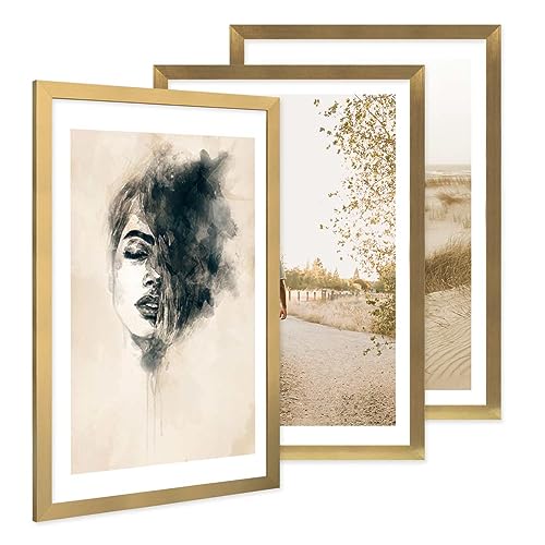 PHOTOLINI Bilderrahmen 40x60 gold 3er Set Holz MDF, breiter Rahmen 40 x 60, bruchsicheres Acrylglas, Bilderrahmen gold 60x40 zum Aufhängen, extra Zubehör - für Ihre stilvolle Wanddekoration PHOTOLINI Bilderrahmen 40x60 gold 3er Set Holz MDF, breiter Rahmen 40 x 60, bruchsicheres Acrylglas, Bilderrahmen gold 60x40 zum Aufhängen, extra Zubehör - für Ihre stilvolle Wanddekoration von PHOTOLINI