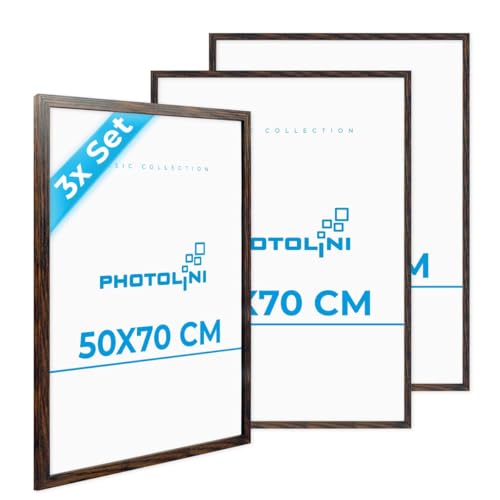 PHOTOLINI Bilderrahmen 50x70 Holz MDF Eiche Dunkel 3er Set, 50x70 cm Bilderrahmen groß, Rahmen 70x50 Puzzle, bruchsicheres Acrylglas, picture frame zum Aufhängen, Fotorahmen für Fotos & Poster von PHOTOLINI