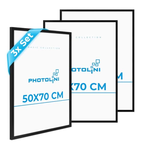PHOTOLINI Bilderrahmen 50x70 Schwarz 3er Set Holz MDF, 50x70 cm Bilderrahmen groß, Rahmen 70x50 Puzzle, bruchsicheres Acrylglas, picture frame zum Aufhängen, Posterrahmen für Fotos, Puzzle & Poster von PHOTOLINI