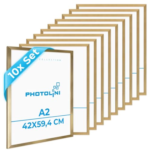PHOTOLINI Bilderrahmen A2 Gold Holz aus MDF, 10er Set Picture Frame DIN A2 Rahmen 42x60, bruchsicheres Acrylglas, DIN A2 Bilderrahmen 60x42 zum Aufhängen, extra Zubehör - A2 Frame für Fotos & Poster PHOTOLINI Bilderrahmen A2 Gold Holz aus MDF, 10er Set Picture Frame DIN A2 Rahmen 42x60, bruchsicheres Acrylglas, DIN A2 Bilderrahmen 60x42 zum Aufhängen, extra Zubehör - A2 Frame für Fotos & Poster von PHOTOLINI