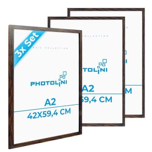 PHOTOLINI Bilderrahmen A2 Holz MDF Eiche dunkel, 3er Set Picture Frame Rahmen 42x59,4 mit bruchsicherem Acrylglas, DIN A2 Bilderrahmen 42x60 zum Aufhängen, mit Zubehör - A 2 Frames für Fotos & Poster von PHOTOLINI