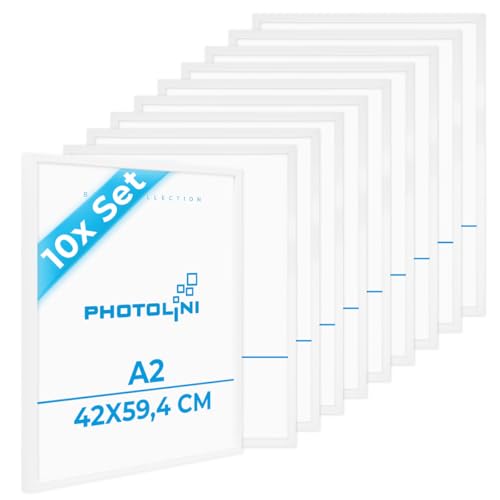 PHOTOLINI Bilderrahmen A2 Weiß Holz MDF, 10er Set Picture Frame Rahmen 42x59,4 mit bruchsicherem Acrylglas, DIN A2 Bilderrahmen 42x60 zum Aufhängen, mit Zubehör - A 2 Frames für Fotos & Poster von PHOTOLINI