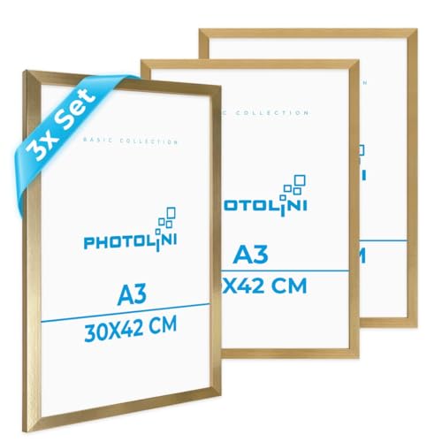 PHOTOLINI Bilderrahmen A3 Holz MDF Gold, 3er Set A3 Bilderrahmen 30x42 Holz MDF, DIN A 3 Rahmen mit Acrylglas, Picture Frame 42x30 zum Aufhängen, Rahmen 42 x 30 mit Zubehör für DINA3 Fotos & Poster PHOTOLINI Bilderrahmen A3 Holz MDF Gold, 3er Set A3 Bilderrahmen 30x42 Holz MDF, DIN A 3 Rahmen mit Acrylglas, Picture Frame 42x30 zum Aufhängen, Rahmen 42 x 30 mit Zubehör für DINA3 Fotos & Poster von PHOTOLINI