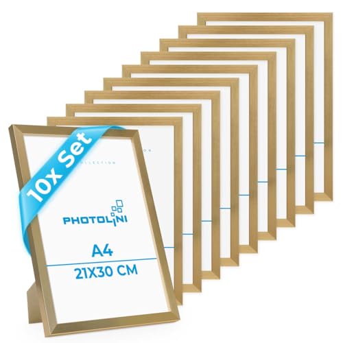 PHOTOLINI Bilderrahmen A4 Holz MDF Gold, 10er Set DIN A4 Bilderrahmen 21x30 cm Gold, bruchsicheres Acrylglas, picture frame zum Aufhängen & Aufstellen, Rahmen mit Zubehör 30x21 für Fotos & Poster PHOTOLINI Bilderrahmen A4 Holz MDF Gold, 10er Set DIN A4 Bilderrahmen 21x30 cm Gold, bruchsicheres Acrylglas, picture frame zum Aufhängen & Aufstellen, Rahmen mit Zubehör 30x21 für Fotos & Poster von PHOTOLINI