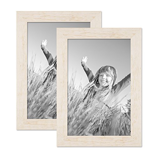 PHOTOLINI Bilderrahmen A4 21x30 cm Holz Weiß, 2er Set Echtholz-Rahmen rustikal, Strandhaus, Made in Germany, Echtglas, zum Aufhängen, extra Zubehör - Treibholzlook mit einem Hauch Küstenflair von PHOTOLINI