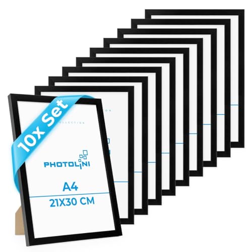 PHOTOLINI Bilderrahmen A4 Schwarz Holz MDF, 10er Set DIN A4 Bilderrahmen schwarz 21x30 cm, Acrylglas bruchsicher, picture frame zum Aufhängen & Aufstellen, Rahmen mit Zubehör 30x21 für Fotos, Poster von PHOTOLINI
