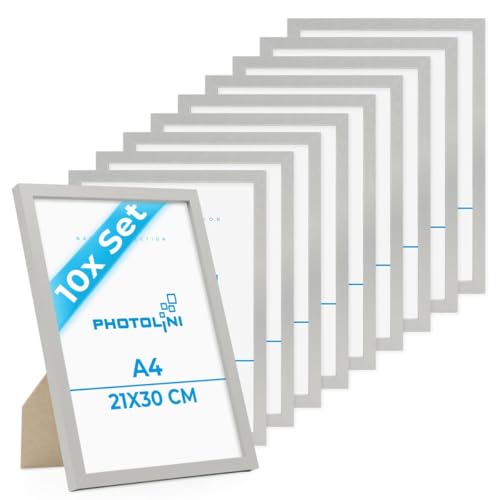 PHOTOLINI Bilderrahmen A4 Holz MDF Silber, 10er Set DIN A4 Bilderrahmen 21x30 cm Silber, bruchsicheres Acrylglas, picture frame zum Aufhängen & Aufstellen, Rahmen mit Zubehör 30x21 für Fotos & Poster PHOTOLINI Bilderrahmen A4 Holz MDF Silber, 10er Set DIN A4 Bilderrahmen 21x30 cm Silber, bruchsicheres Acrylglas, picture frame zum Aufhängen & Aufstellen, Rahmen mit Zubehör 30x21 für Fotos & Poster von PHOTOLINI