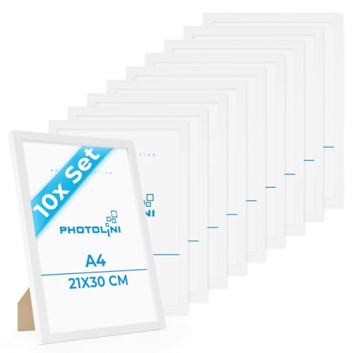 PHOTOLINI Bilderrahmen A4 Weiss Holz MDF, 10er Set DIN A4 Bilderrahmen 21x30 weiß, Rahmen 21x30 mit Acrylglas, picture frame zum Aufhängen & Aufstellen, Rahmen 30x21 mit Zubehör für Fotos & Poster PHOTOLINI Bilderrahmen A4 Weiss Holz MDF, 10er Set DIN A4 Bilderrahmen 21x30 weiß, Rahmen 21x30 mit Acrylglas, picture frame zum Aufhängen & Aufstellen, Rahmen 30x21 mit Zubehör für Fotos & Poster von PHOTOLINI