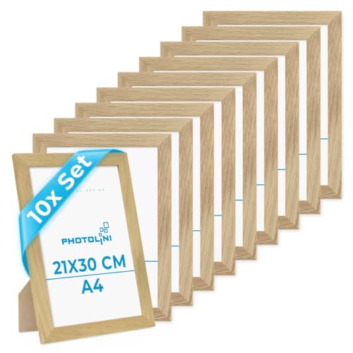 PHOTOLINI Bilderrahmen A4 Holz Eiche Set, 10er Set breite DIN A4 Bilderrahmen Holz 21x30, bruchsicheres Acrylglas, picture frame zum Aufhängen & Aufstellen, Bilder Rahmen 30x21 mit Zubehör von PHOTOLINI