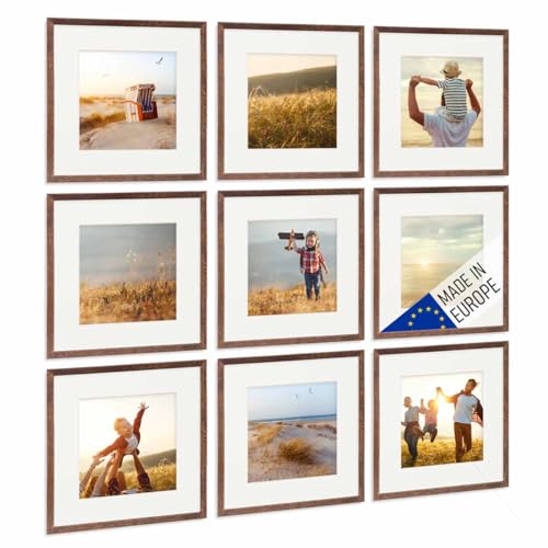 PHOTOLINI Bilderrahmen Holz 30x30 Eiche Dunkel mit Passepartout, Holzbilderrahmen Made in EU, 9er Set, bruchsicheres Acrylglas, zum Aufhängen, extra Zubehör - für Ihre liebsten Fotos & Bilder von PHOTOLINI