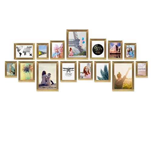 PHOTOLINI Bilderrahmen Set Gold, Fotorahmen Holz MDF, 15er Bilderrahmenset Wand Collage, photo frames for wall mit Acrylglas aufhängen, goldene Bilderrahmen Set verschiedene Größen mit Zubehör von PHOTOLINI