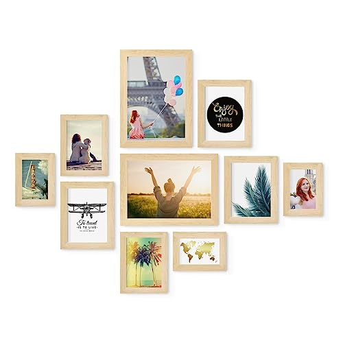 PHOTOLINI Bilderrahmen Set Natur, Fotorahmen Holz MDF, 10er Bilderrahmenset Wand Collage, photo frames for wall mit Acrylglas aufhängen, Bilderrahmen Set verschiedene Größen mit Zubehör von PHOTOLINI
