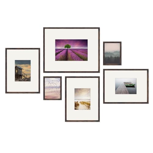 PHOTOLINI dunkle Eiche Bilderrahmen Set verschiedene Größen, 6 MDF Holz Bilderrahmen mit Passepartout, Bilder Rahmen Acrylglas, No.6 Bilderrahmenset zum Aufhängen, Fotowand Fotorahmen Set & Zubehör von PHOTOLINI