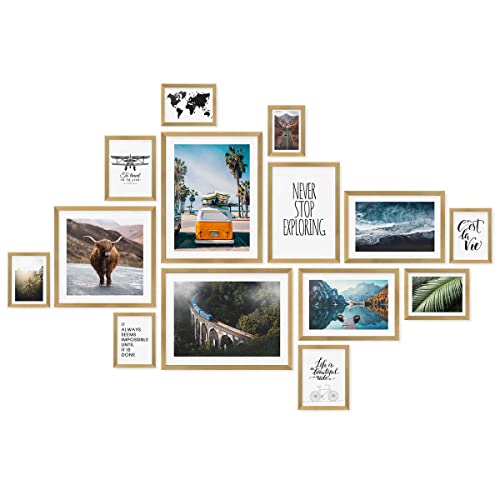 PHOTOLINI Bilderrahmen-Set Gold MDF-Holz, 14er Rahmenset Posterrahmen, bruchsicheres Acrylglas, zum Aufhängen, extra Zubehör - für Fotos, Bilder & Poster von PHOTOLINI