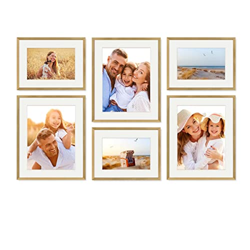 PHOTOLINI Bilderrahmen-Set Gold MDF-Holz, 6er No.9 Rahmenset Posterrahmen mit Passepartout, bruchsicheres Acrylglas, zum Aufhängen, extra Zubehör - für Fotos, Bilder & Poster von PHOTOLINI