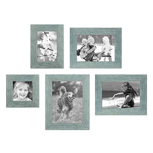 PHOTOLINI Bilderrahmen-Set Holz Blau, 5er Rahmenset No.1 Echtholz-Rahmen rustikal, Strandhaus, Made in Germany, Echtglas, zum Aufhängen, extra Zubehör - Treibholzlook mit einem Hauch Küstenflair von PHOTOLINI