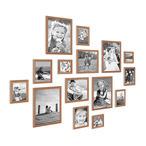 PHOTOLINI Bilderrahmen-Set Holz Eiche-Optik Landhaus-Stil, 15er Set Holz-Rahmen, Made in Germany, Echtglas, zum Aufhängen, mit Zubehör - perfekt für Familienfotos & Urlaubsbilder von PHOTOLINI