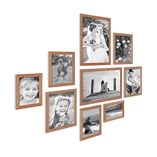 PHOTOLINI Bilderrahmen-Set Holz Eiche-Optik Landhaus-Stil, 9er Set Holz-Rahmen, Made in Germany, Echtglas, zum Aufhängen, mit Zubehör - perfekt für Familienfotos & Urlaubsbilder von PHOTOLINI