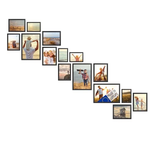 PHOTOLINI Bilderrahmen-Set Holz Schwarz, Holzrahmen Made in EU, 15er Rahmenset, bruchsicheres Acrylglas, zum Aufhängen, Treppenhaus, extra Zubehör - für Ihre liebsten Fotos & Bilder von PHOTOLINI