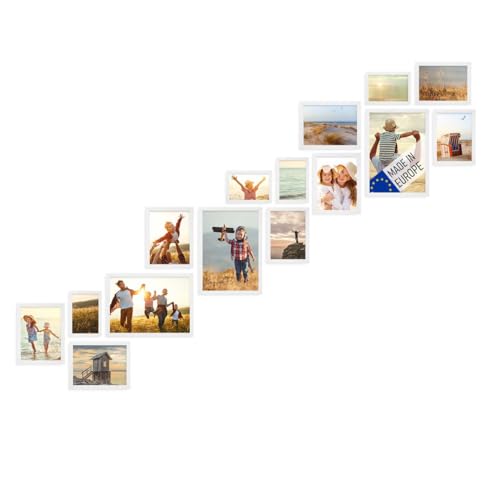 PHOTOLINI Bilderrahmen Set Holz Weiß, Holzbilderrahmen Made in EU, 15er Rahmenset mit Acrylglas, Bilder Rahmen zum Aufhängen, Bilderrahmen Treppenhaus weiss - für Ihre liebsten Fotos & Bilder von PHOTOLINI