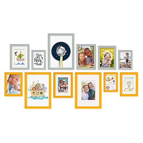 PHOTOLINI Bilderrahmen-Set Kinderzimmer 10x15 bis 21x30 cm Gelb Grau, mit 4 Passepartouts, 12er Set Wechselrahmen farbig, Holz, Acrylglas, Made in Germany, zum Aufhängen, mit Zubehör PHOTOLINI Bilderrahmen-Set Kinderzimmer 10x15 bis 21x30 cm Gelb Grau, mit 4 Passepartouts, 12er Set Wechselrahmen farbig, Holz, Acrylglas, Made in Germany, zum Aufhängen, mit Zubehör von PHOTOLINI
